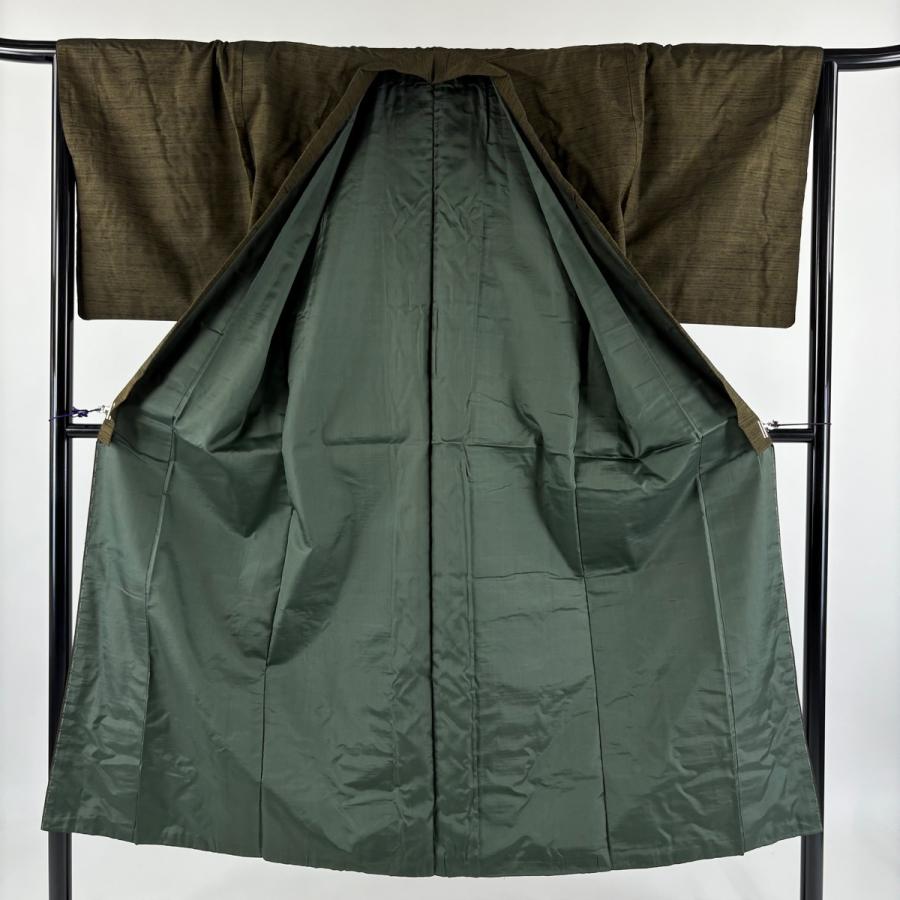 美品 男着物 身丈145.5cm 裄丈67.5cm M 袷 紬地 茶緑色 正絹 秀品 中古