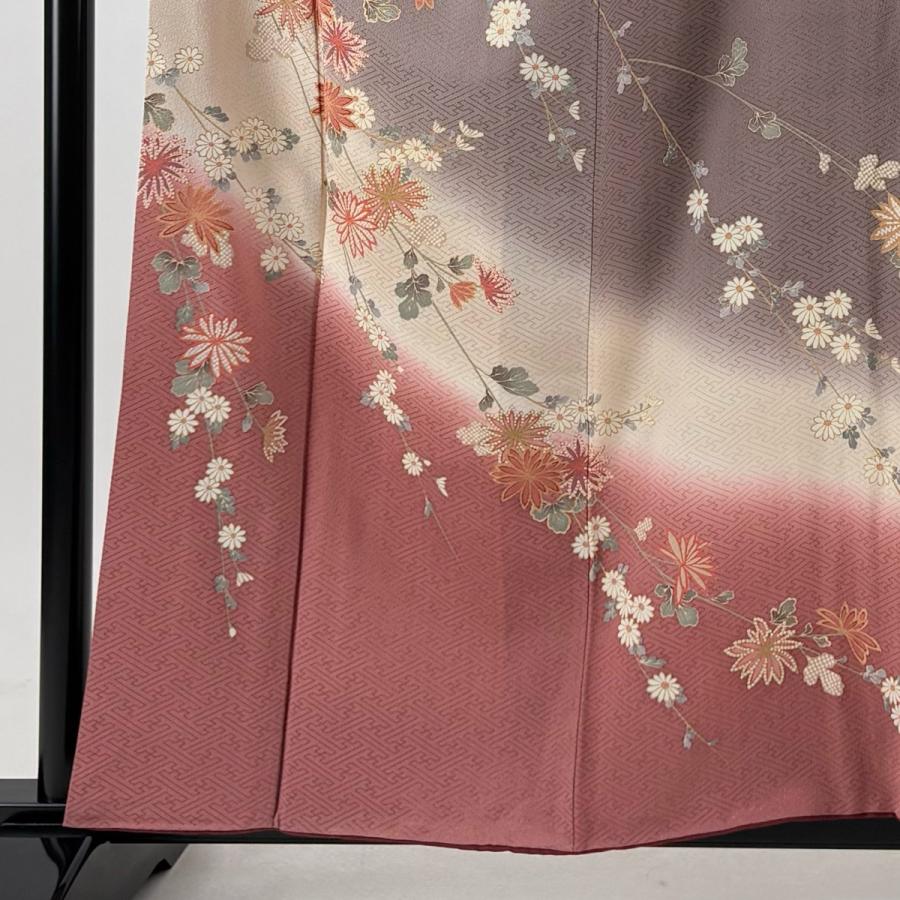 訪問着 身丈159cm 裄丈64cm M 袷 草花 地紋 金彩 ぼかし 灰紫 正絹 秀 