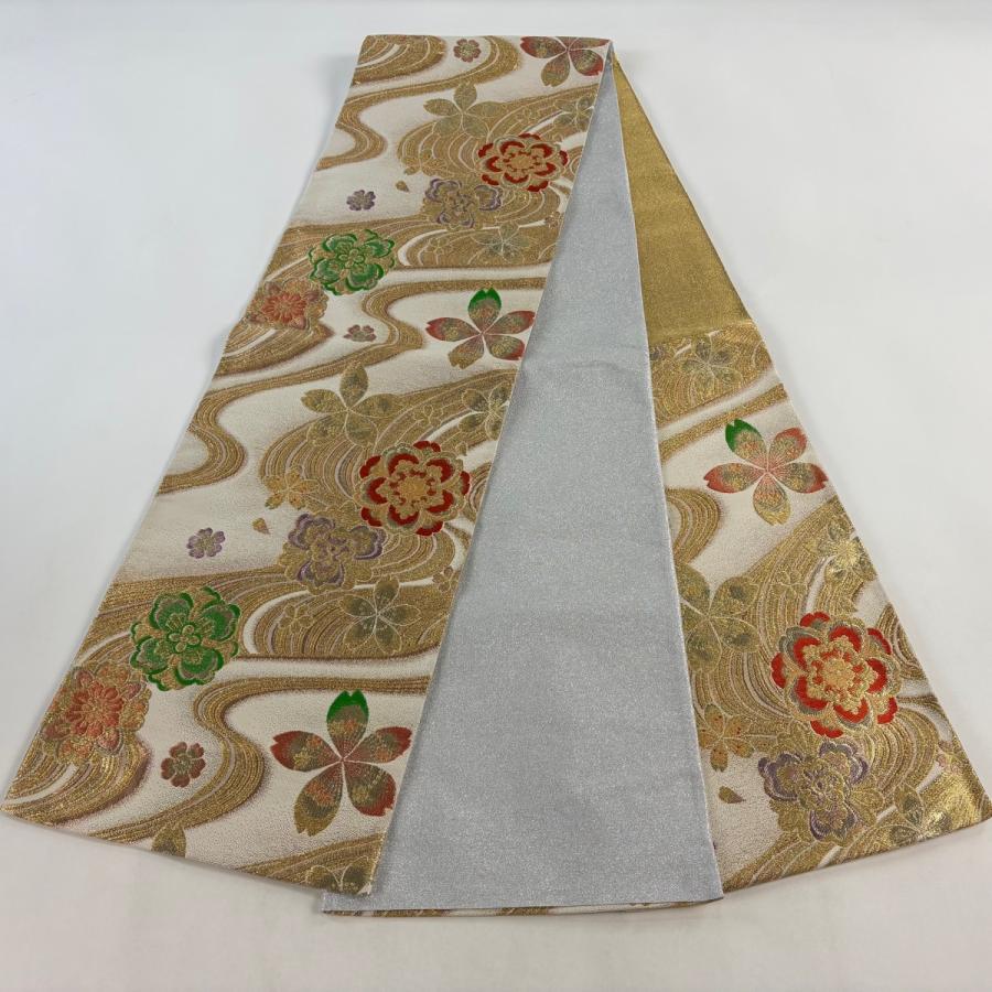 【美品】正絹 袋帯 六通柄 クリーム色 枝垂れ桜 流水 金糸 状態良好 美品 袋帯 秀品 振袖向き 桜 流水 金糸 箔 クリーム 六通 正絹 中古