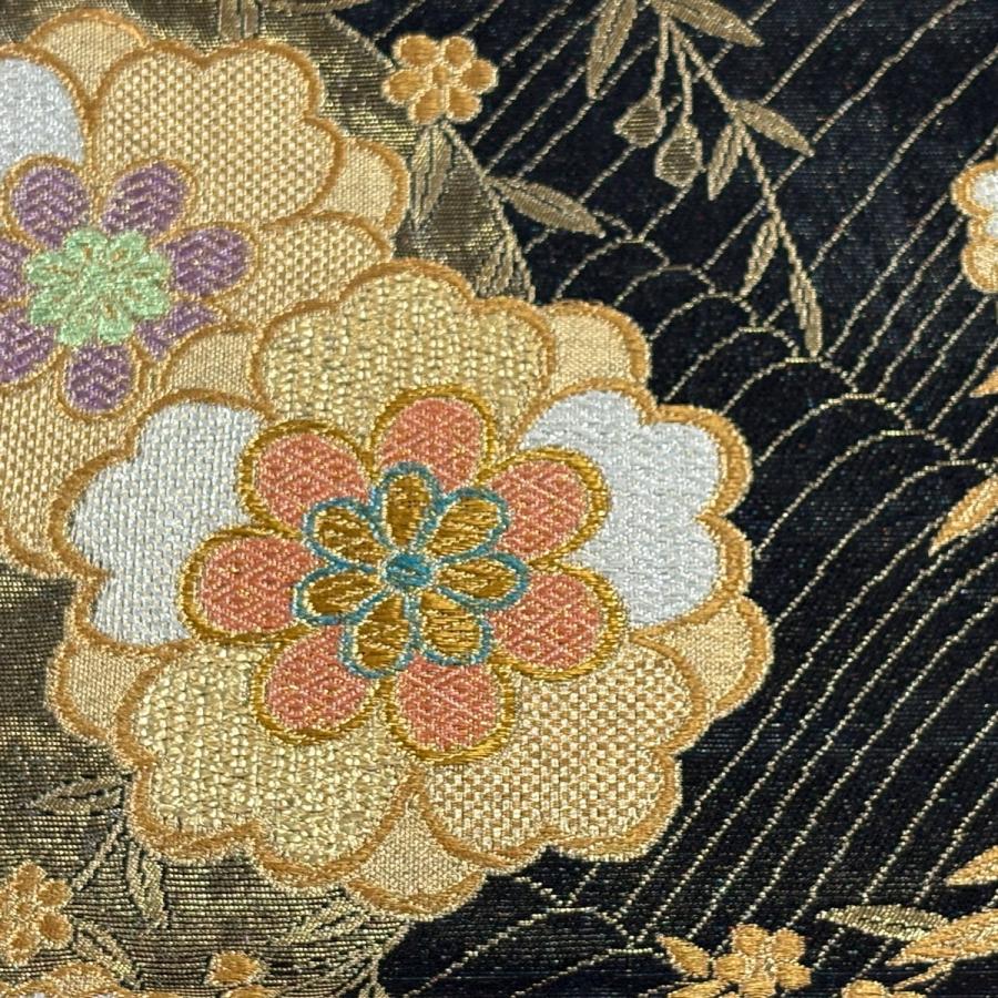 美品 袋帯 秀品 波 花 箔 金糸 黒 六通 正絹 中古 正絹 六