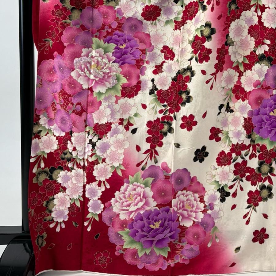 振袖 身丈168.5cm 裄丈67.5cm L 袷 牡丹 枝梅 箔 刺繍 クリーム 正絹 