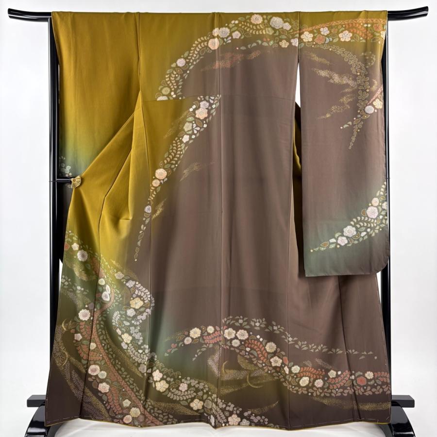 振袖 身丈166cm 裄丈66.5cm M 袷 辻が花柄 流水 金彩 ぼかし 茶緑色