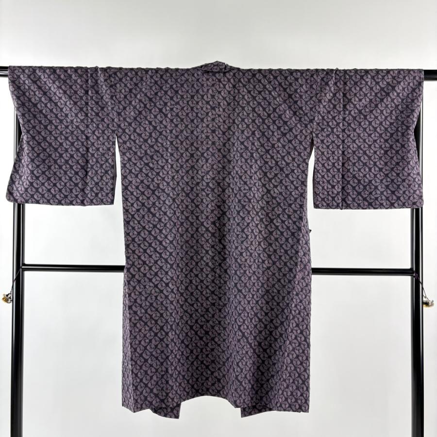 専用　未使用品 小紋 赤紫 ブルーグレー 絞り 紬地 身丈164.0cm 美品 道中着 身丈109cm 裄丈69.5cm L 和装コート 幾何学模様 紬 紫