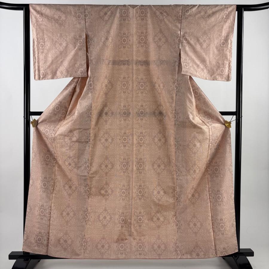 美品 大島紬 身丈161.5cm 裄丈62cm S 袷 都喜ヱ門 草花 ピンクベージュ