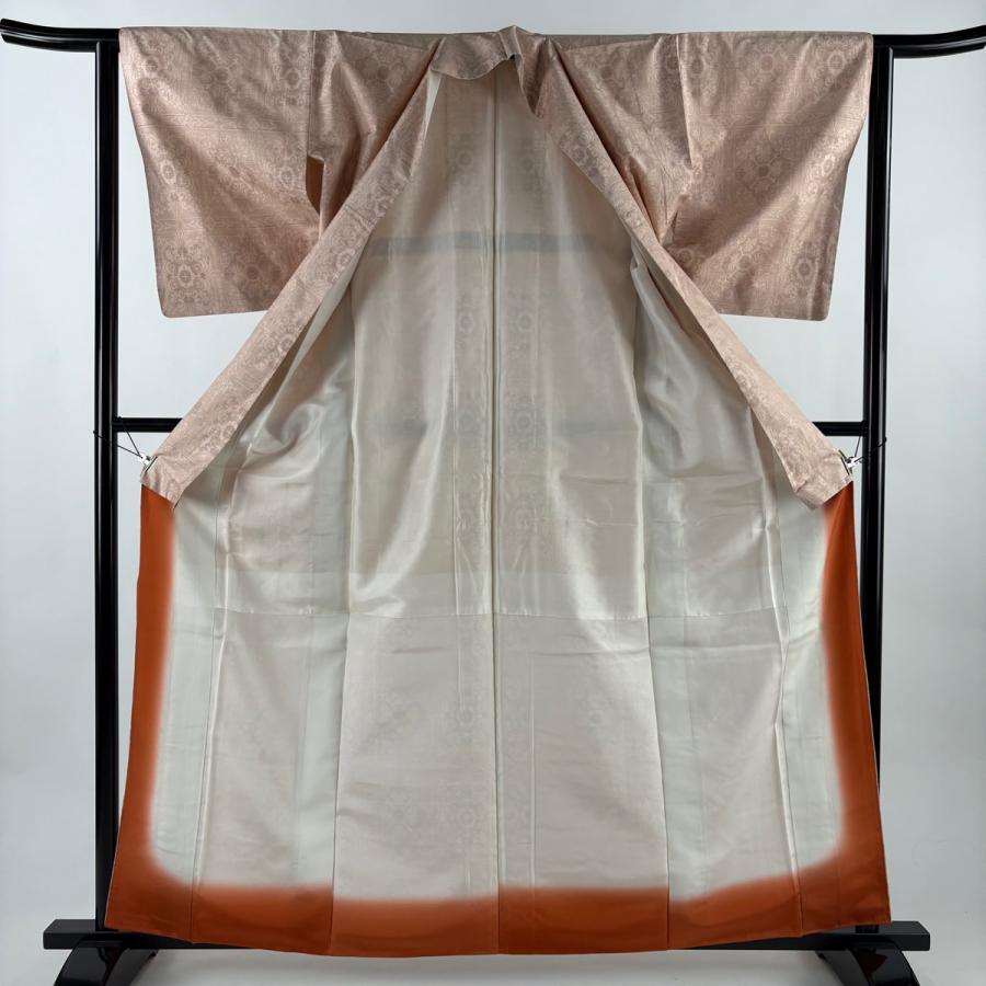 美品 大島紬 身丈161.5cm 裄丈62cm S 袷 都喜ヱ門 草花 ピンクベージュ