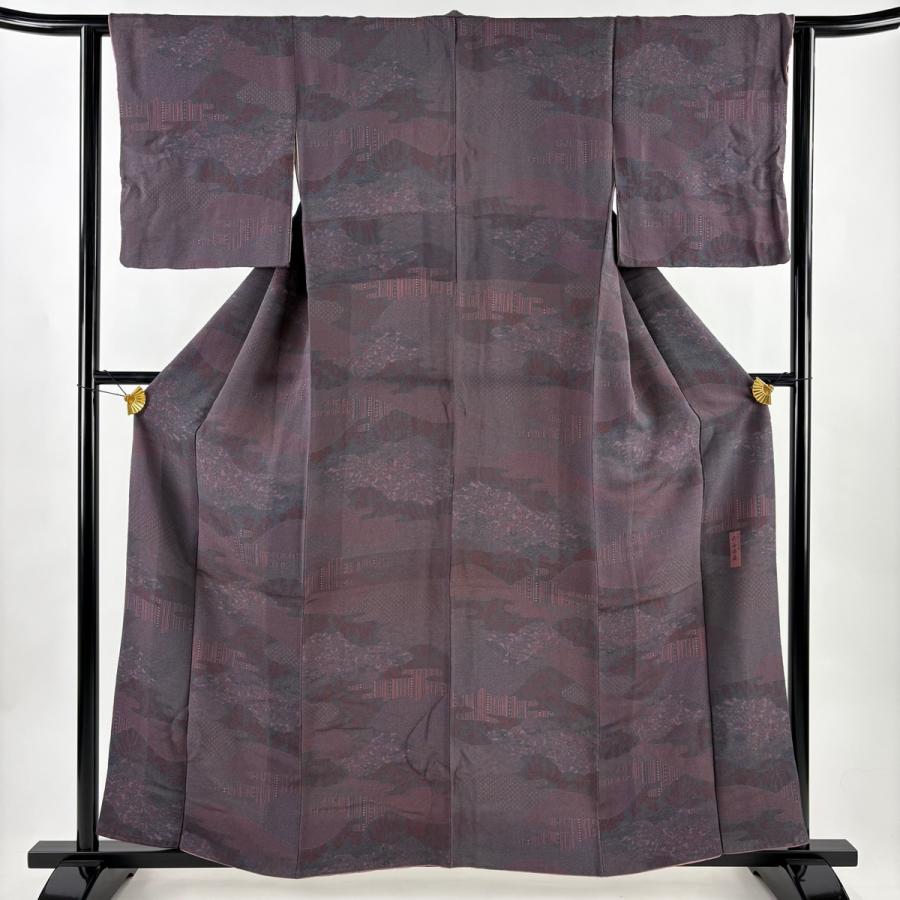 小紋 身丈158cm 裄丈61.5cm S 袷 六谷博臣 落款あり 梅 建物 灰紫 正絹