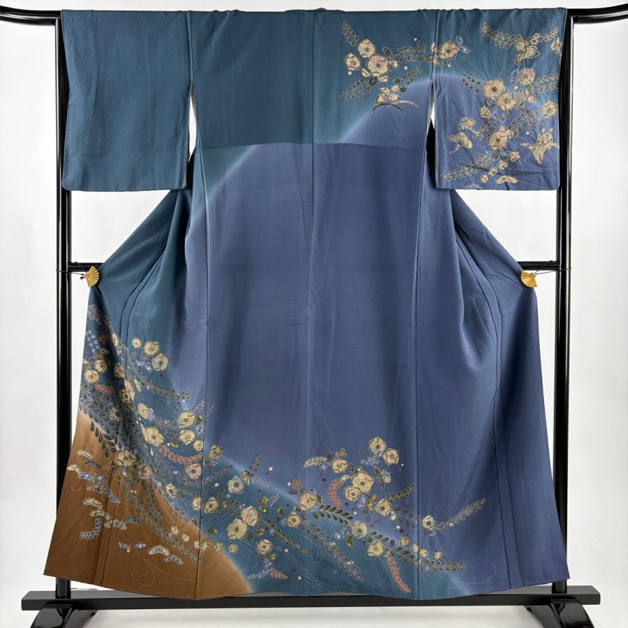 訪問着 身丈155cm 裄丈64cm M 袷 辻が花 染め分け ぼかし 深緑 正絹