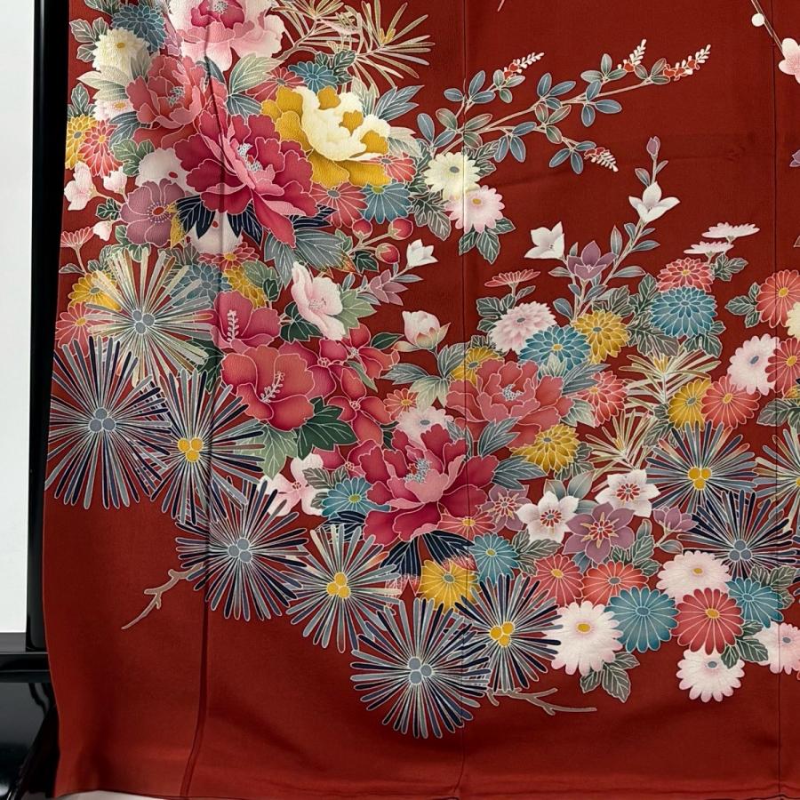 振袖 身丈174cm 裄丈70.5cm L 袷 二尺袖 牡丹 若松 赤茶 正絹 逸品 
