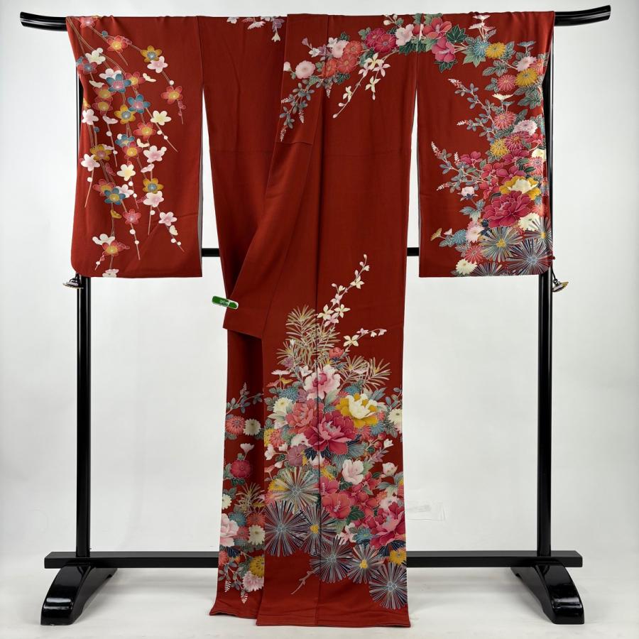 振袖 身丈174cm 裄丈70.5cm L 袷 二尺袖 牡丹 若松 赤茶 正絹 逸品 