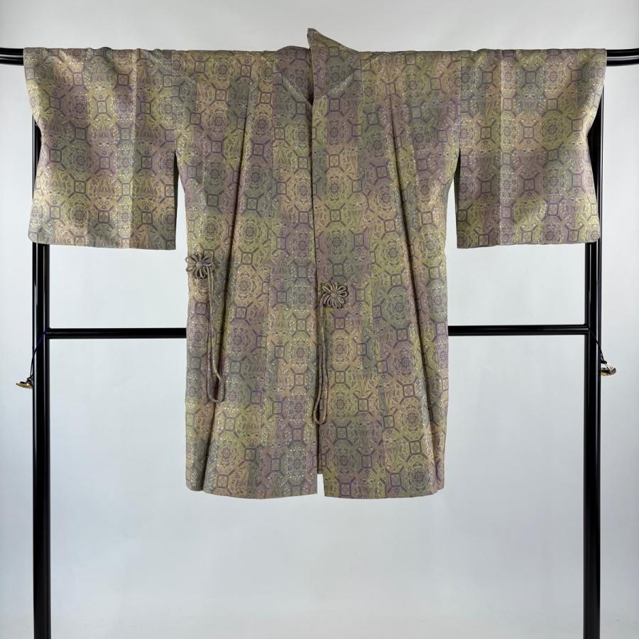 美品 道中着 身丈101.5cm 裄丈69cm L 和装コート 蜀江文 華文 灰緑 正絹 逸品 中古