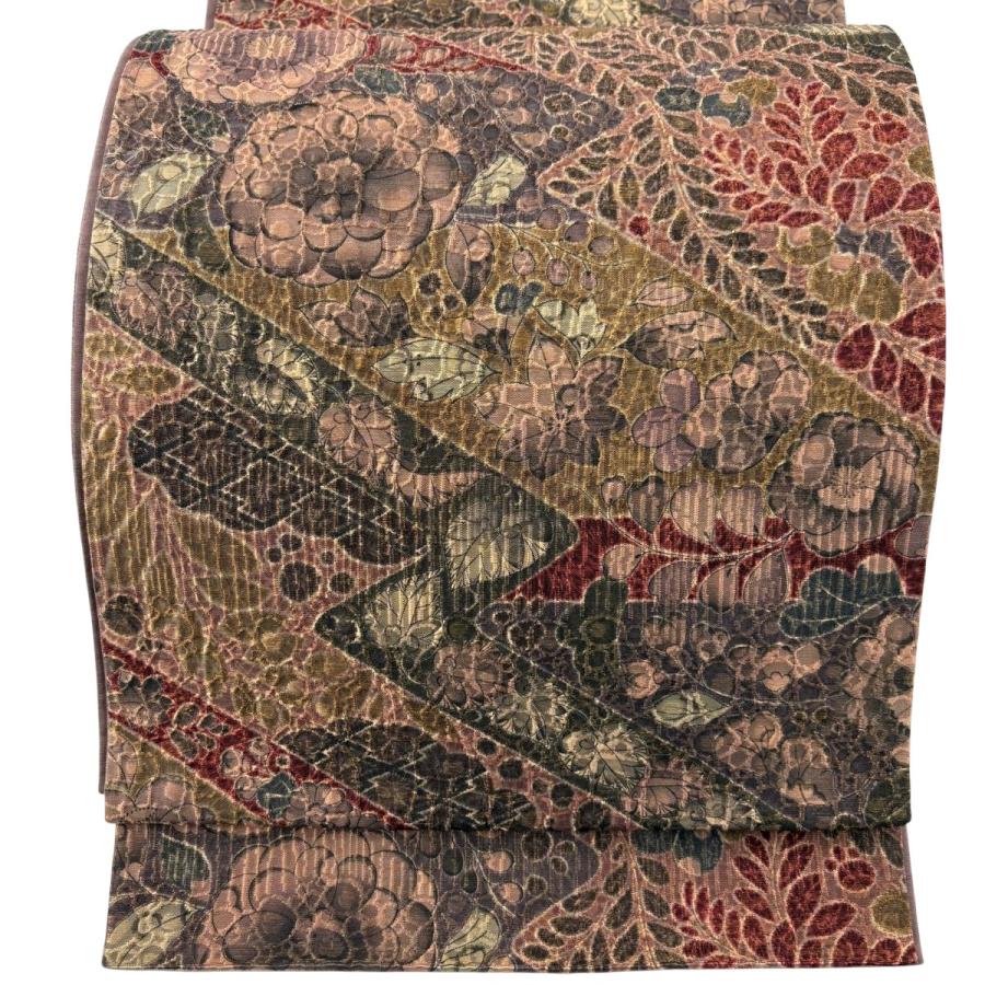 美品 袋帯 名品 草花 松皮菱 金糸 茶色 全通 正絹 中古 : リユース