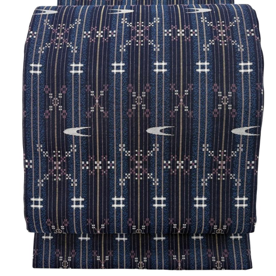 袋帯 美品 名品 六通 正絹 【中古】 美品 袋帯 名品 縞 幾何学 藍