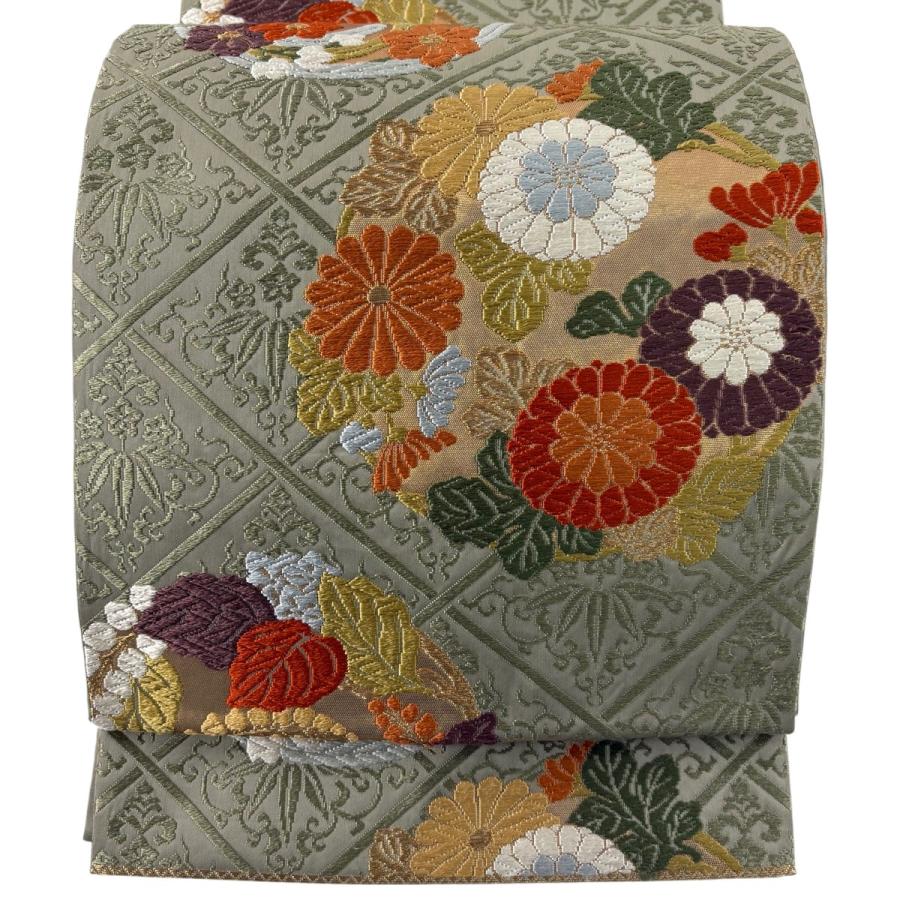 袋帯 名品 能衣唐織 竹菱花丸文 灰緑 六通 正絹 中古 : リユース