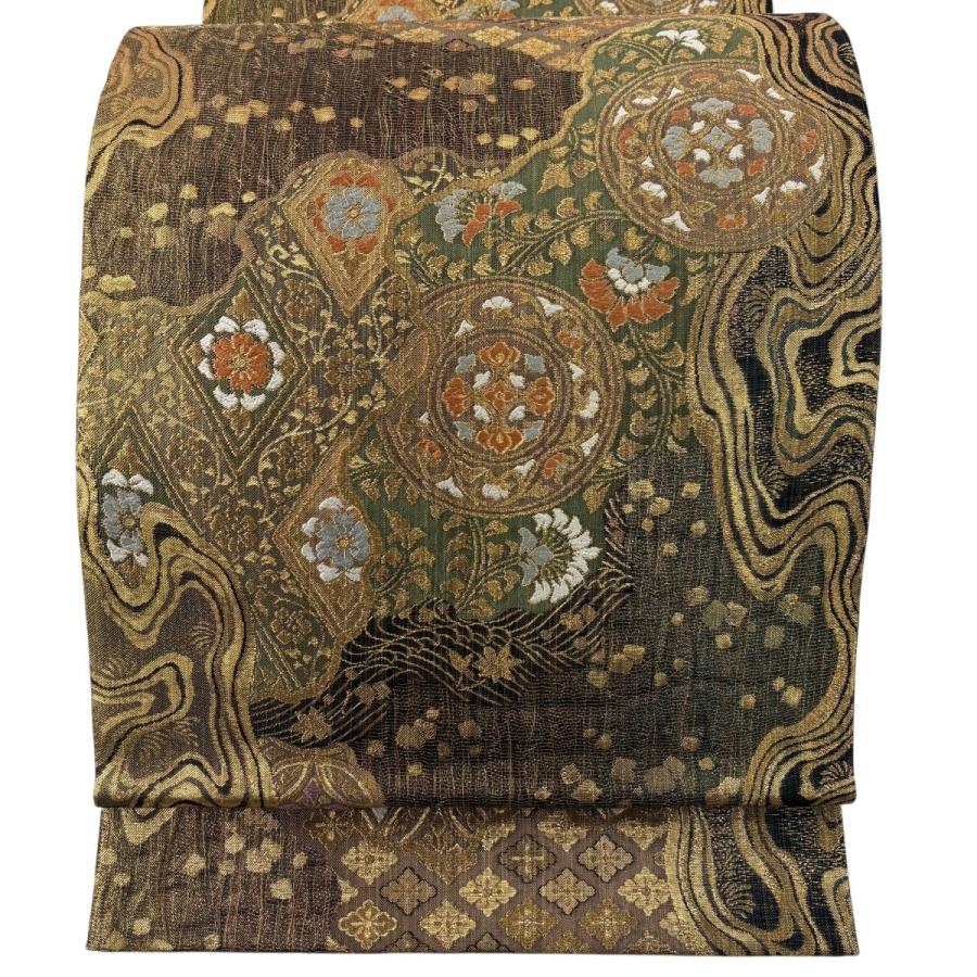 美品 袋帯 名品 華文 花唐草 箔 金茶 六通 正絹 中古 : リユース