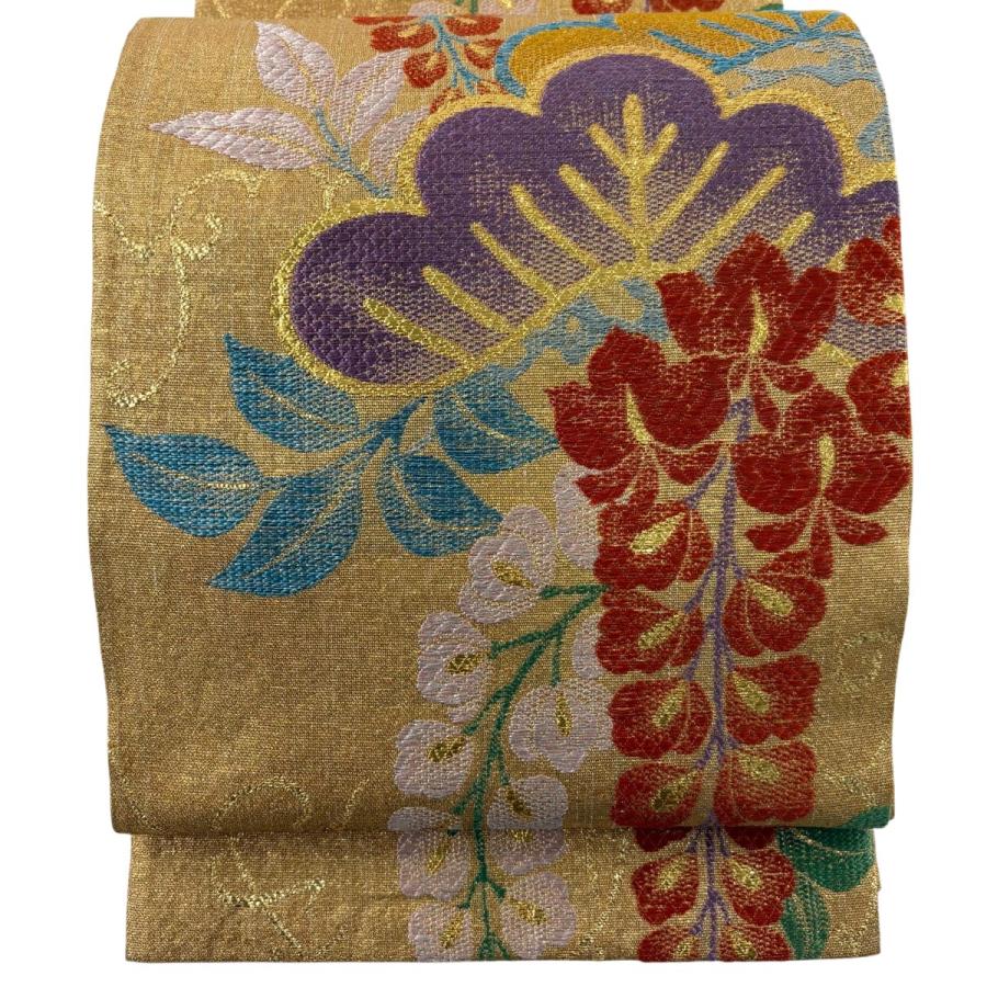 美品 袋帯 名品 笠松 藤 箔 金糸 金色 全通 正絹 中古 : リユース