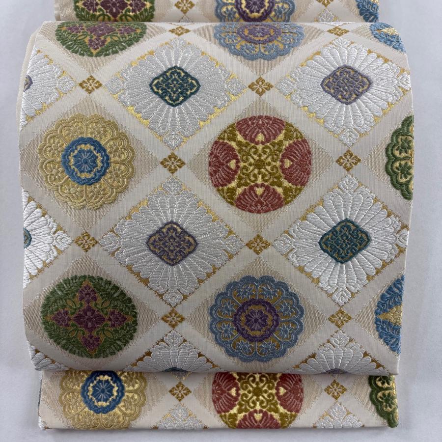 美品 袋帯 名品 浮線綾文 花菱 金糸 箔 ベージュ 六通 正絹 中古