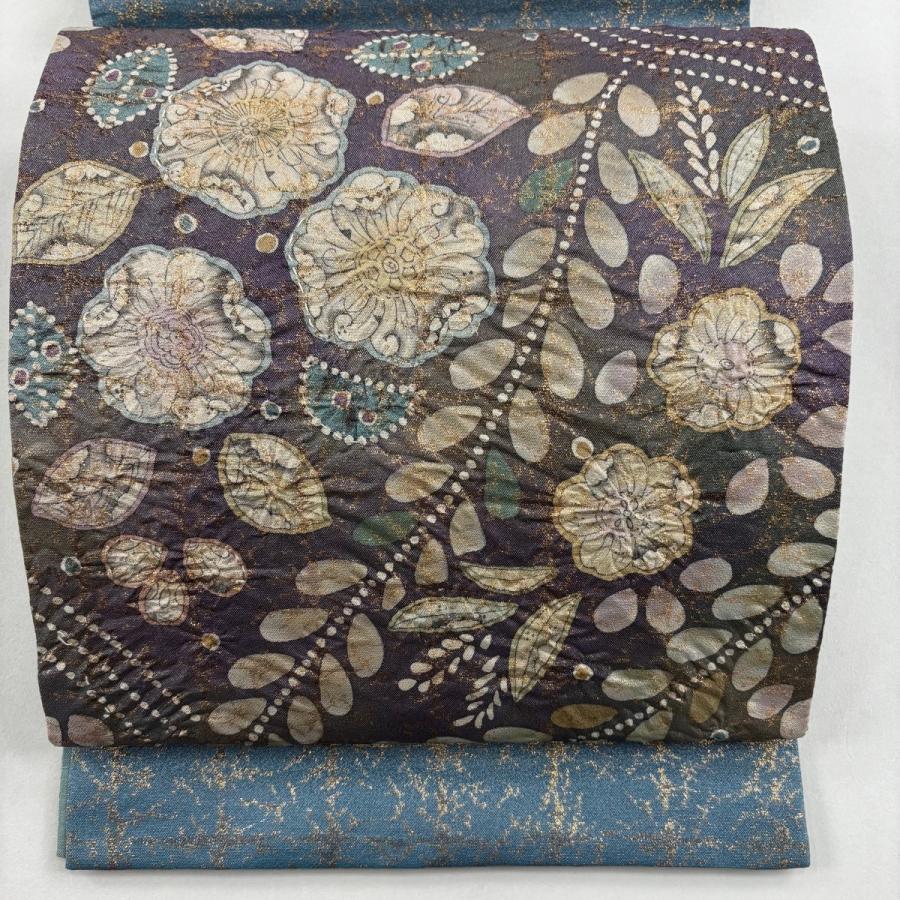 美品 袋帯 名品 落款あり 辻が花 銀糸 箔 紫 お太鼓柄 正絹 中古