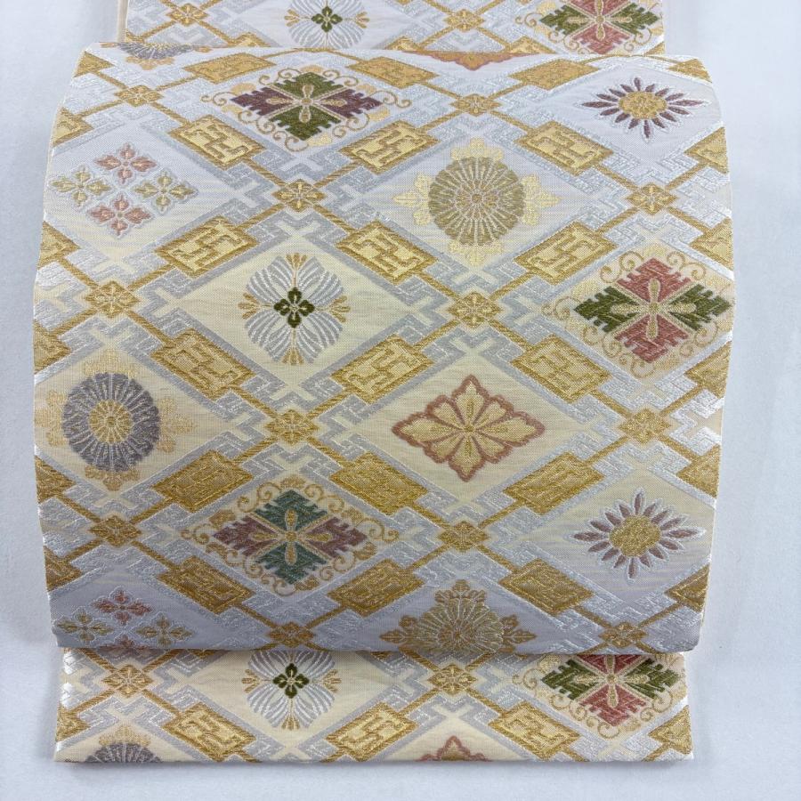 美品 袋帯 名品 花菱 菊 金糸 箔 ベージュ 六通 正絹 中古 : リユース
