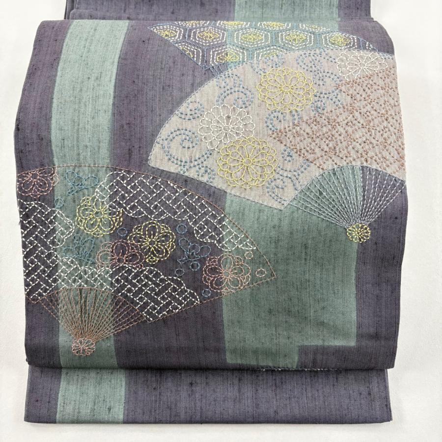 美品 袋帯 名品 紬地 扇 有職文様 刺子刺繍 灰紫 お太鼓柄 正絹 中古