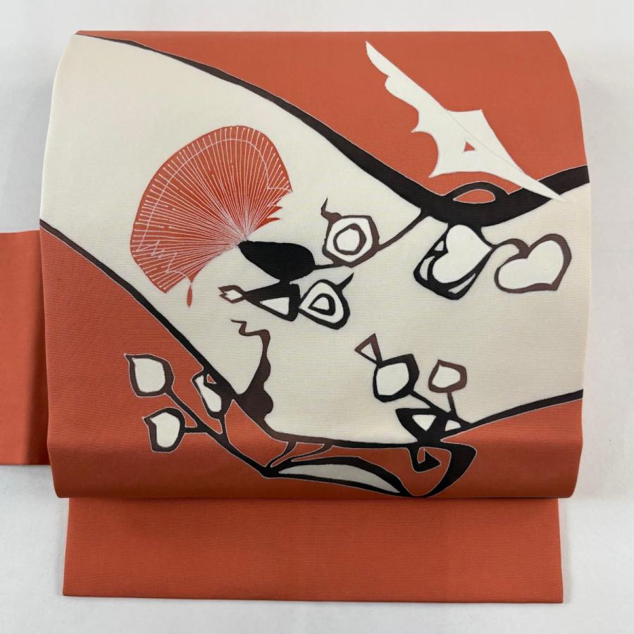 名古屋帯 名品 人間国宝 羽田登喜男 落款あり 幾何学 朱色 正絹 中古