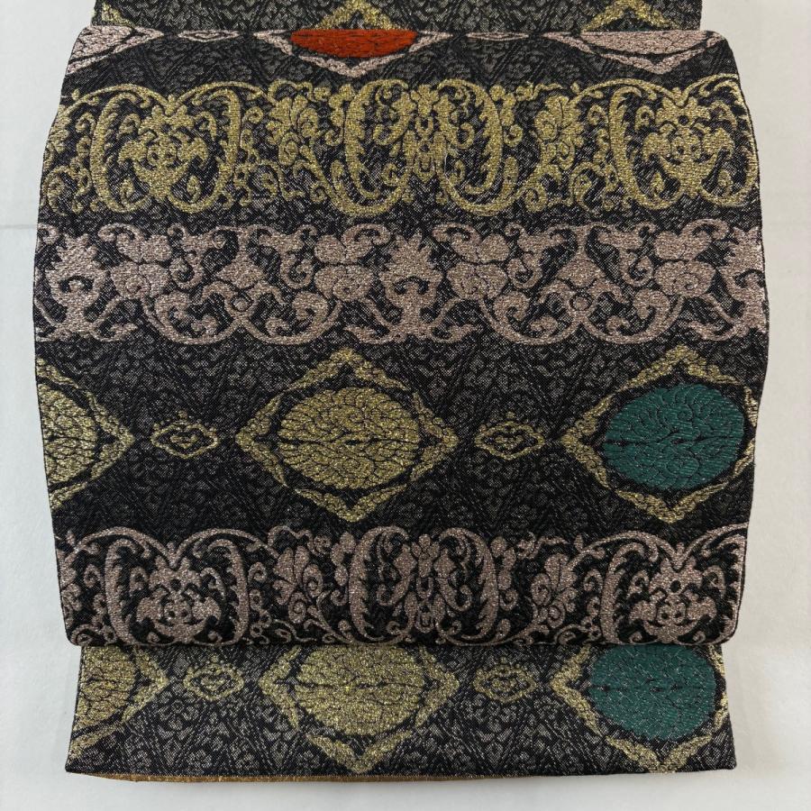 美品 袋帯 名品 関西仕立て 花唐草 幾何学 箔 黒灰 六通 正絹 中古