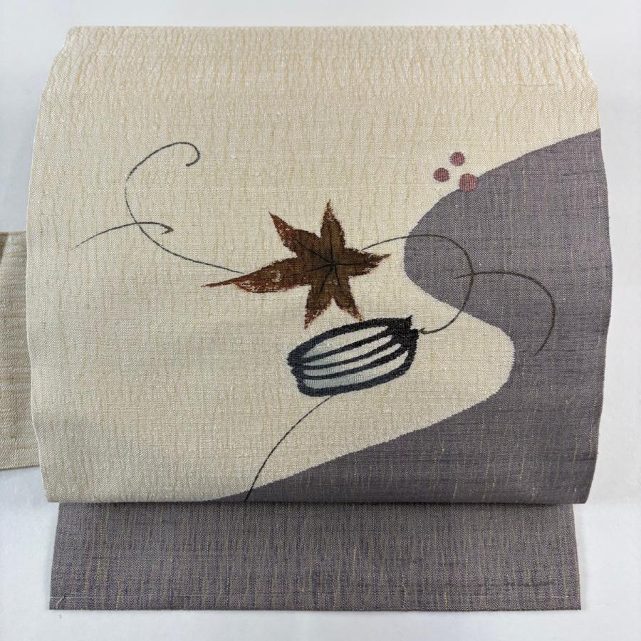 美品 名古屋帯 名品 葉と実 金糸 クリーム 正絹 中古 : リユース