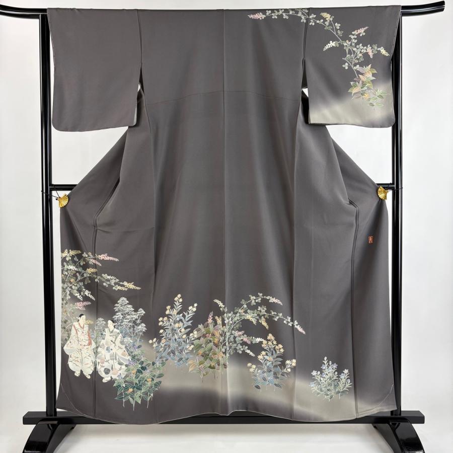 訪問着 身丈157.5cm 裄丈64.5cm M 袷 田村哲彦 落款あり 人物 草花