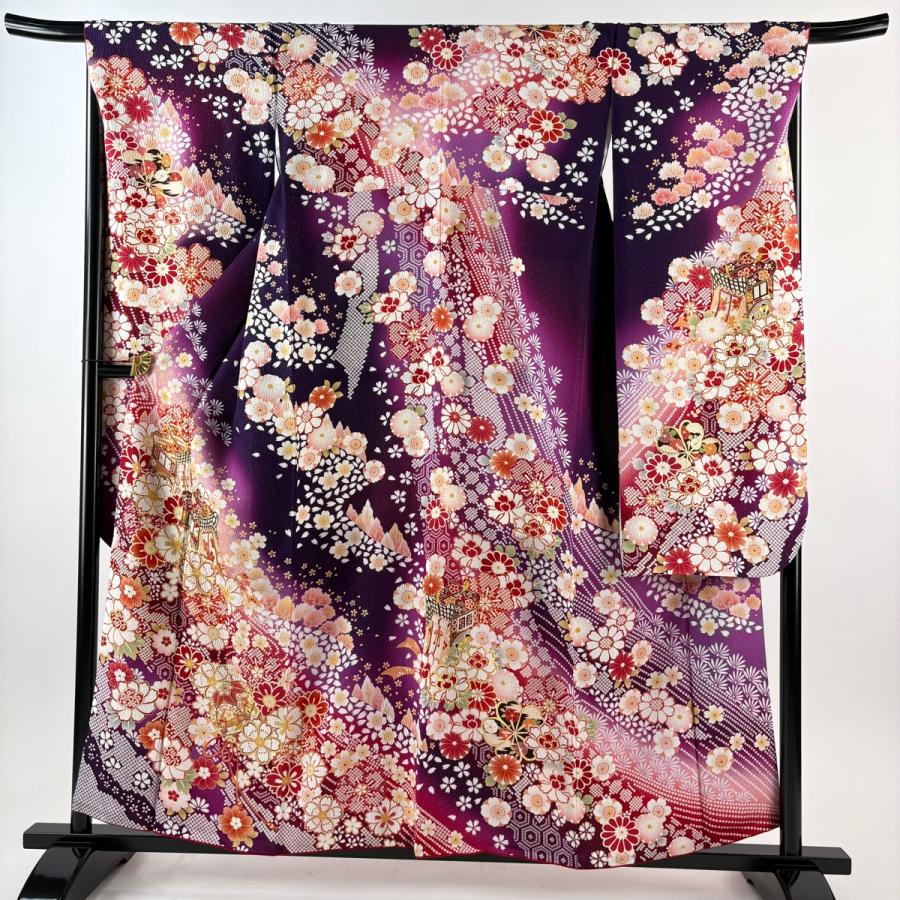 振袖 身丈158cm 裄丈68.5cm L 袷 やまと 御所車 桜 銀通し 刺繍 赤紫