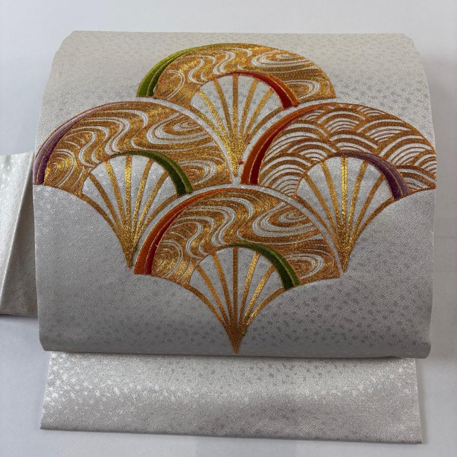 美品 名古屋帯 優品 扇 青海波 金糸 刺繍 銀色 正絹 中古 在庫