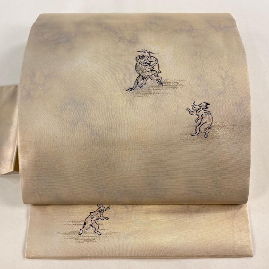 美品 名古屋帯 逸品 落款あり 鳥獣戯画 箔 薄茶色 正絹 中古