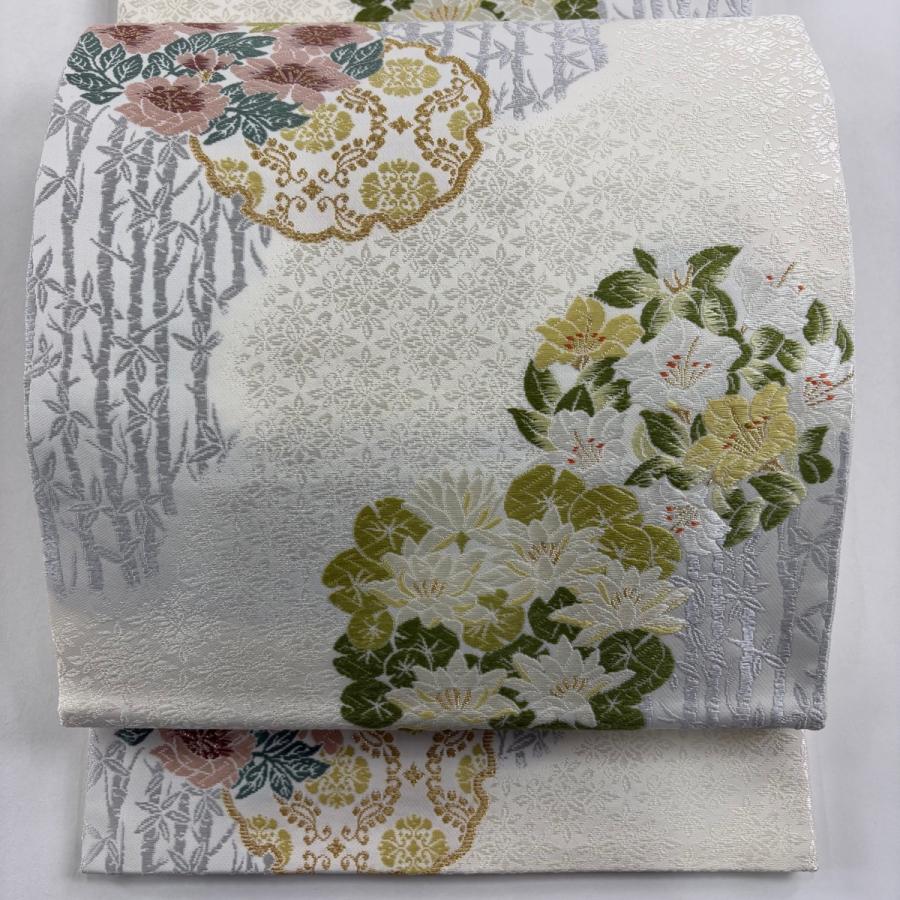 美品 袋帯 逸品 枝花 雪輪 唐織 金糸 クリーム 六通 正絹 中古