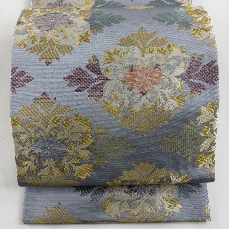 美品 袋帯 逸品 となみ織物 落款あり 関西仕立て 華文 箔 唐織 灰色 六
