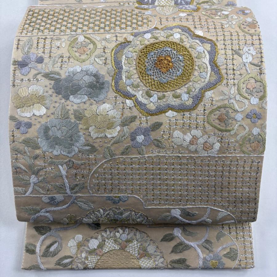袋帯 逸品 華文 草花 刺繍 金銀糸 金色 六通 正絹 中古 : リユース