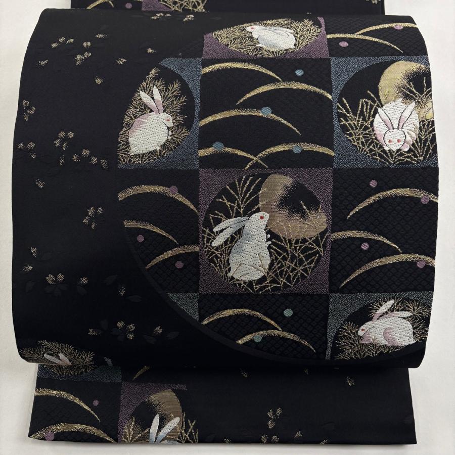 美品 袋帯 逸品 萬葉染 うさぎ 露芝 金糸 刺繍 黒 六通 正絹 中古