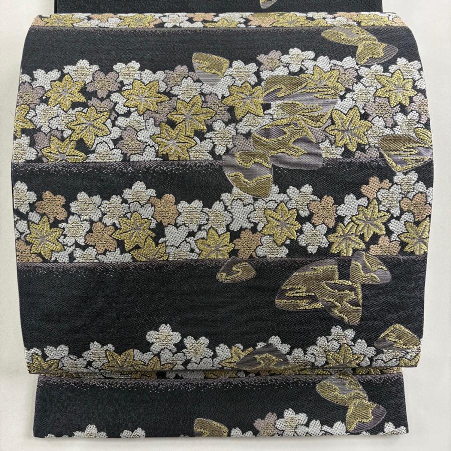 美品 袋帯 逸品 落款あり 〓杉太 貝合わせ 楓 金糸 刺繍 灰色 六通