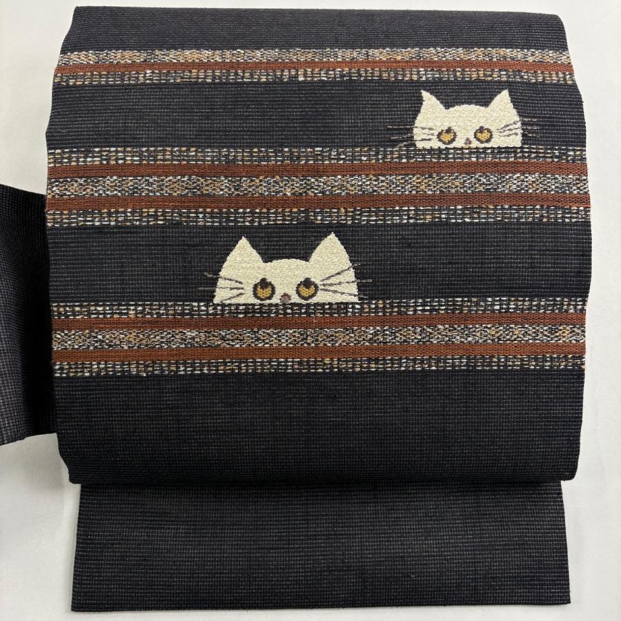 美品 名古屋帯 逸品 夏帯 猫 縞 刺繍 金彩 黒灰 正絹 中古 : リユース