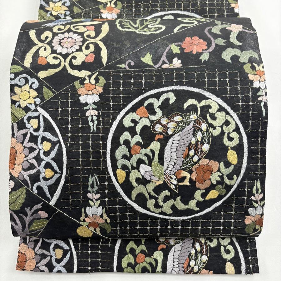 袋帯 逸品 孔雀 花鳥 刺繍 金銀糸 黒 六通 正絹 中古 : リユース