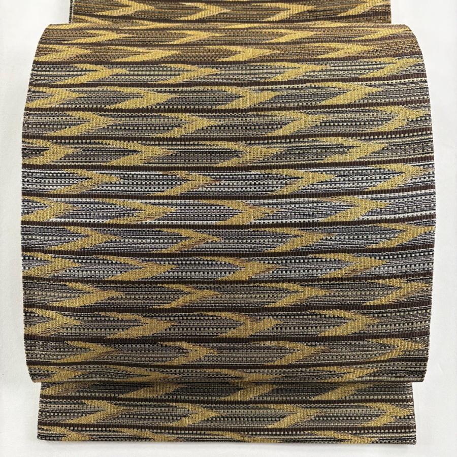 美品 袋帯 逸品 千年工房 落款あり 伊右衛門 縞 幾何学 金銀糸 箔 焦 