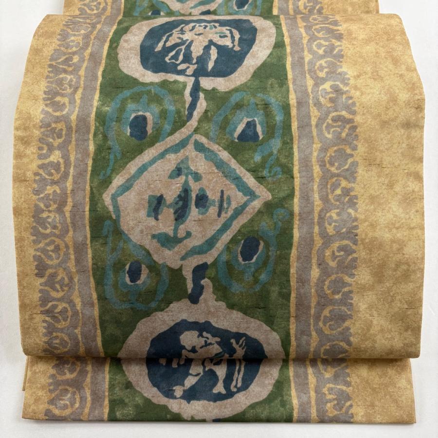 美品 袋帯 逸品 落款あり 牛首紬地 幾何学 ベージュ 全通 正絹 中古