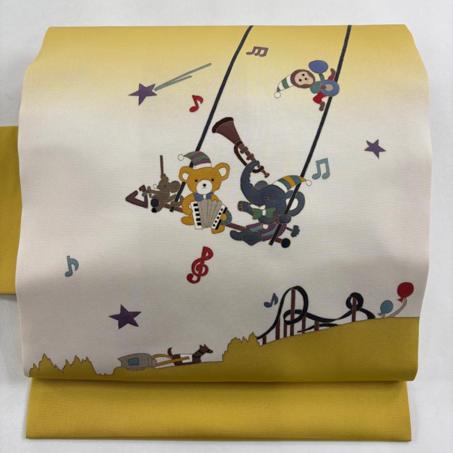 名古屋帯 逸品 動物 楽器 金彩 ぼかし からし色 正絹 中古 : リユース