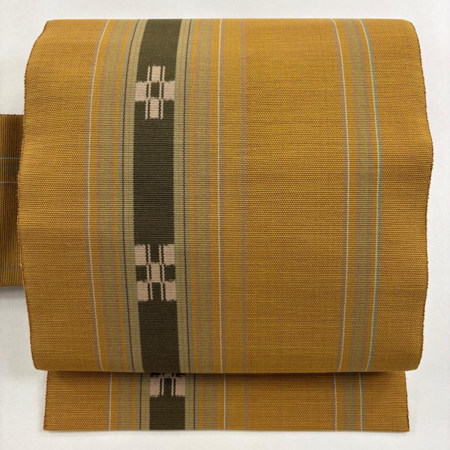 美品 名古屋帯 逸品 証紙あり 八重山みんさ 縞 幾何学 山吹茶色 綿
