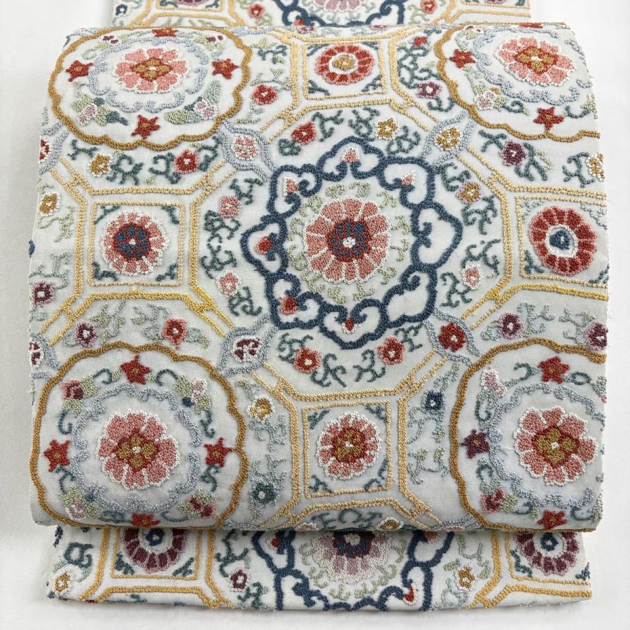 袋名古屋帯 逸品 蜀江華文 相良刺繍 青灰色 正絹 中古 : リユース 