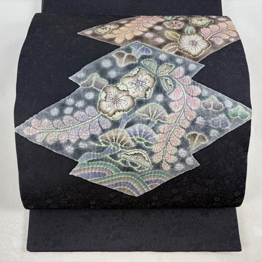 美品 袋帯 逸品 樋熊哲也 落款あり 辻が花 地紋 絞り 金通し 濃紫