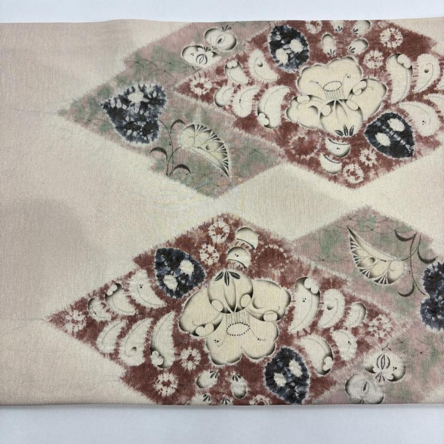 袋帯 逸品 辻が花柄 金通し ピンクベージュ お太鼓柄 正絹 中古 在庫一掃_5