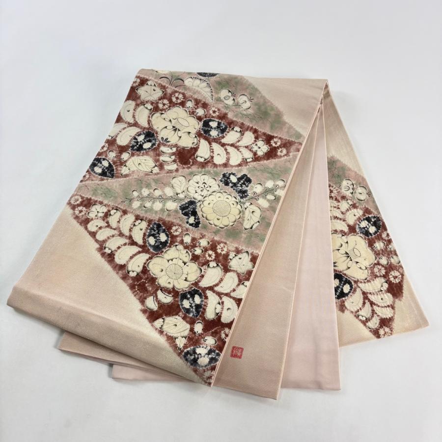 袋帯 逸品 辻が花柄 金通し ピンクベージュ お太鼓柄 正絹 中古 在庫一掃_8