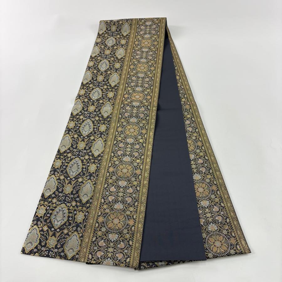 美品 袋帯 名品 草木染 草花 華文 箔 黒灰 全通 正絹 中古 : リユース