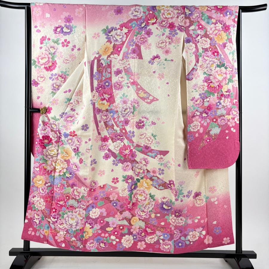 【美品】 振袖 身丈155cm 裄丈64cm 正絹 名品 【中古】 美品 振袖 身丈155cm 裄丈64cm M 袷 牡丹 熨斗 金通し 金彩 ピンク