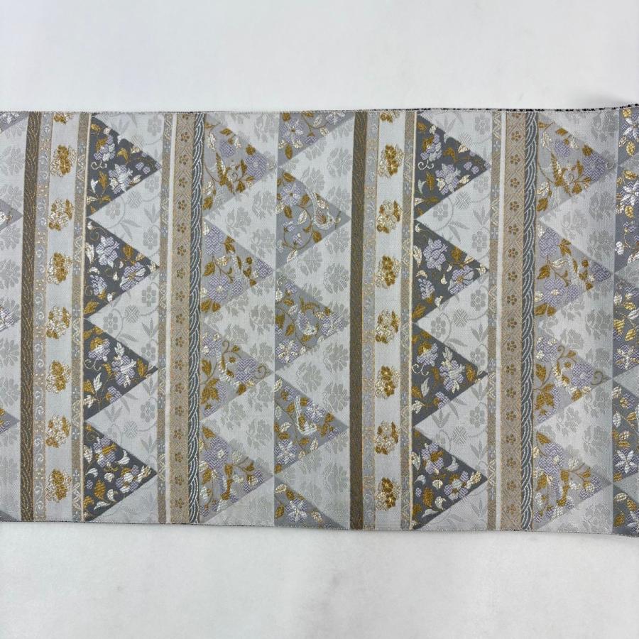 美品 袋帯 逸品 落款あり 証紙あり 博多織 紹巴 誠之輔 草花 鳥 金糸 箔 灰色 全通 正絹 中古