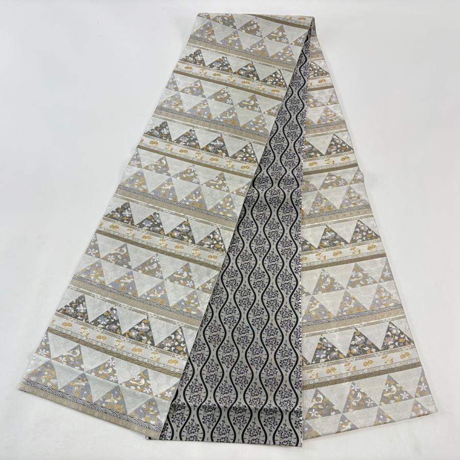 美品 袋帯 逸品 落款あり 証紙あり 博多織 紹巴 誠之輔 草花 鳥 金糸 箔 灰色 全通 正絹 中古