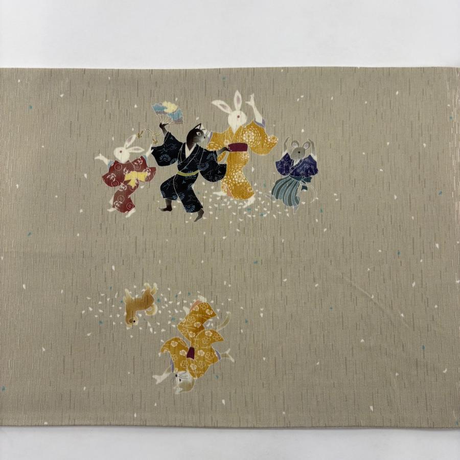 袋名古屋帯 逸品 うさぎ ネズミ ベージュ 正絹 中古